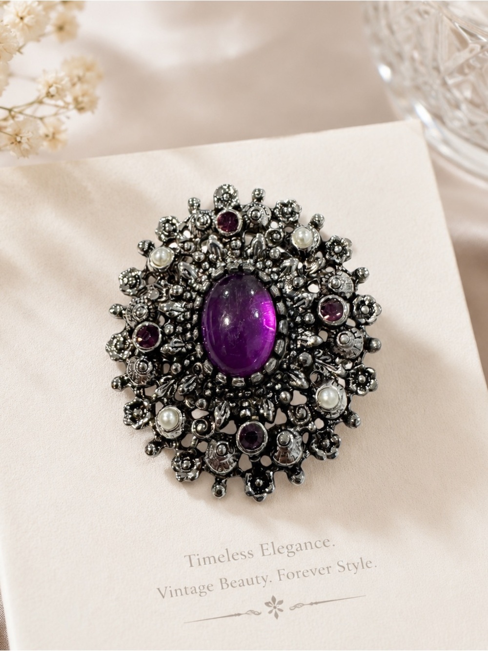 VTG 1972 Sarah Coventry Catherine Brooch Pin | Purple Oval Cabochon Faux